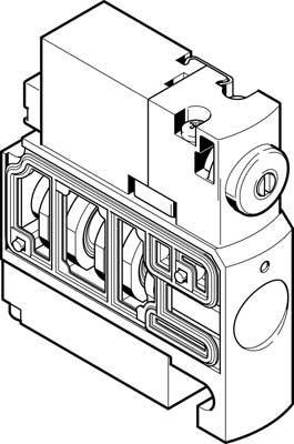 Technische Zeichnung eines elektrischen Schalters mit mehreren Bauteilen und Anschlüssen. Detaillierte Strukturen und Konturen sichtbar.