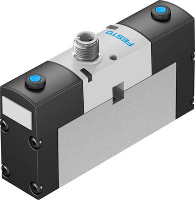 Ein elektromagnetisches Ventil von Festo in rechteckiger Form, schwarz-graues Gehäuse, mit blauen Knöpfen und einem Anschluss oben.