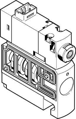 Isometrische technische Zeichnung eines modularen Ventils mit elektrischen Anschlüssen und mechanischen Komponenten.