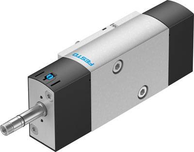 Ein elektrischer Antrieb von Festo, kompakt und zylindrisch, mit einem beweglichen Stab, geeignet für präzise Auf- und Abbewegungen.