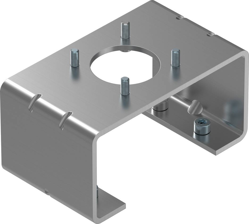 Metallwinkelhalterung mit Befestigungslöchern und Schrauben, verwendet für die Montage von Geräten an einer Oberfläche.