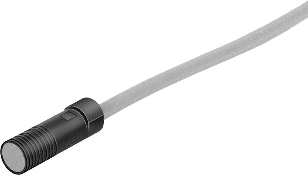 Ein graues Kabel mit einem schwarzen, zylindrischen Sensor am Ende. Der Sensor hat ein gerilltes Muster und ist an das Kabel angeschlossen.