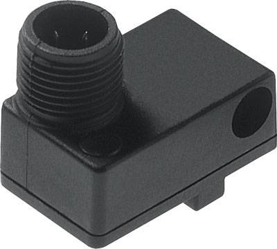 Schwarzer elektrischer Stecker mit abgewinkeltem Gehäuse und runden Steckverbindungen.