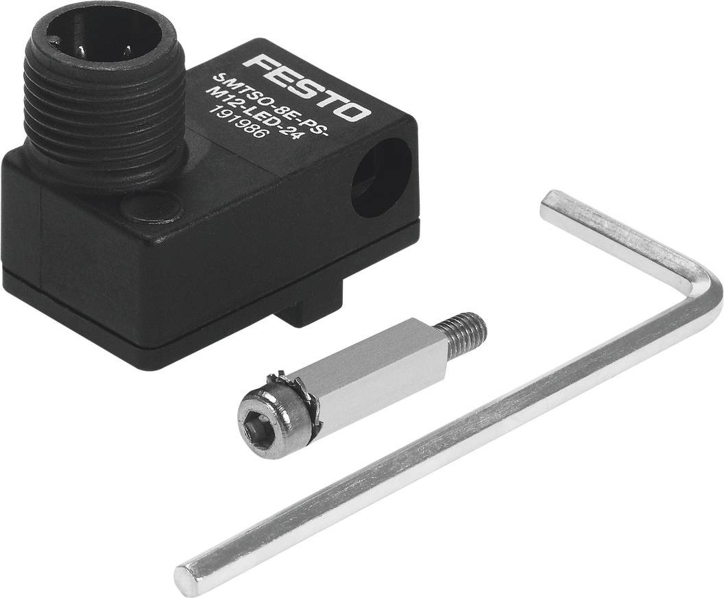 Magnetfeldsensor von Festo mit Kabelanschluss, Schraube und Sechskantschlüssel. Dient zur präzisen Positionserkennung in Automatisierungssystemen.