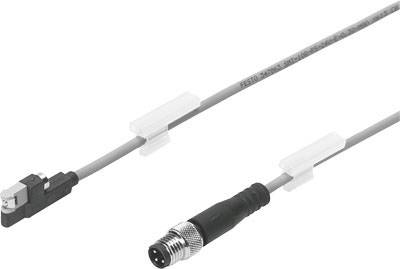 Ein graues Kabel mit einem rechteckigen Anschluss auf der einen und einem runden, metallischen Stecker auf der anderen Seite.