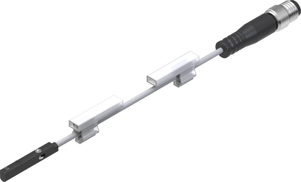 Ein lineares Positionsmesssystem mit Sensor und Kabel, montiert auf Halteclips, angeschlossen an einen schwarzen Stecker.