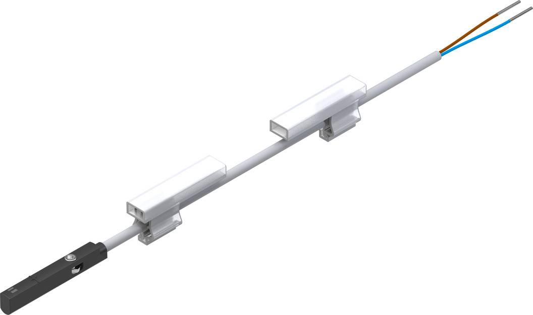 Ein linearer Magnetsensor mit Kabeln, montiert auf einer Schiene. Der Sensor hat ein schwarzes Gehäuse, und es gibt mehrere weiße Clips.