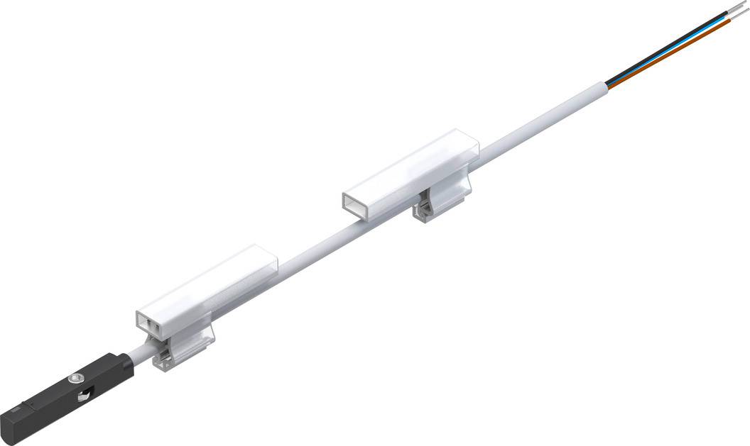 Ein weißer, röhrenförmiger Sensor mit schwarzem Steckverbinder und Kabel; montiert auf transparenter Halterung.