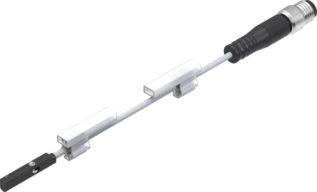 Ein elektrisches Kabel mit schwarzem Stecker und transparenten Halterungen.