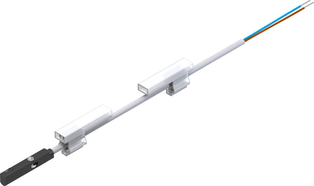 Lichtschranke mit Kabel und Befestigungsklammern. Dient zur Erkennung oder Messung in automatisierten Systemen.