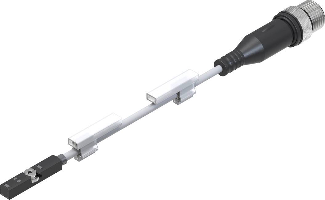 Ein Sensor verbunden mit einem Kabel, das durch transparente Klemmen geführt wird. Am Ende des Kabels ein Steckverbinder.