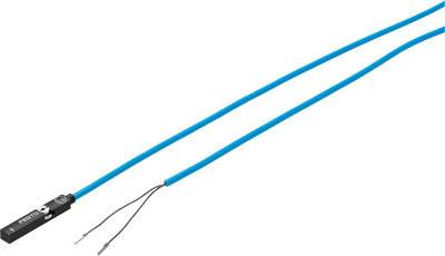 Ein blauer Sensor mit zwei langen, freien Kabelenden. Der Sensor ist rechteckig mit einem Markennamen darauf.