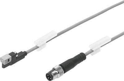 Graues Kabel mit rechteckigem und rundem Stecker; beide Enden besitzen Clips zur Befestigung.