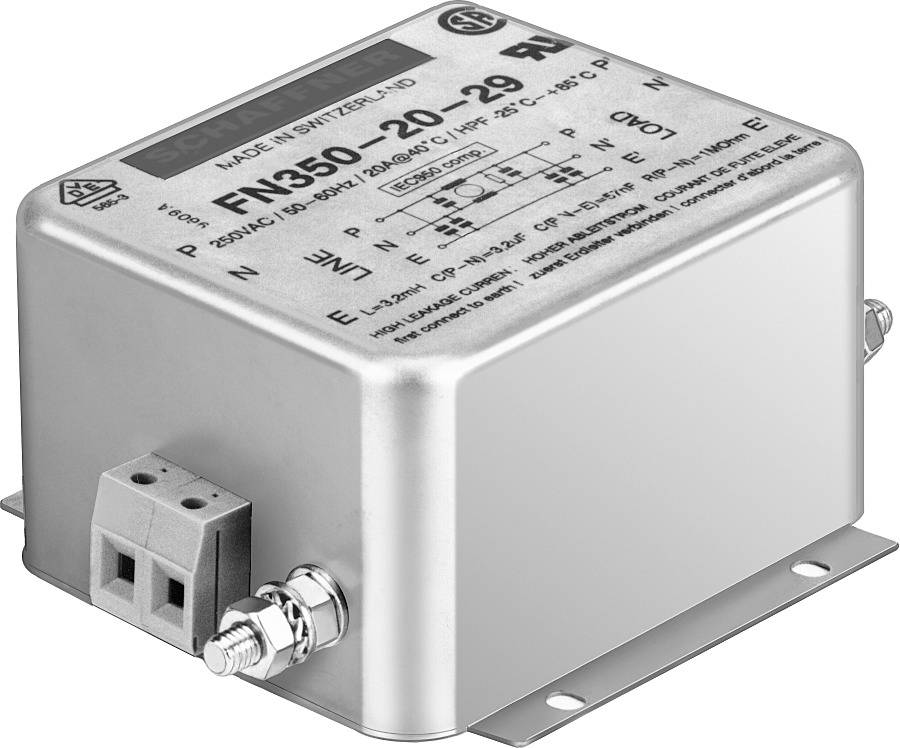 Ein silberner elektrischer Filter für industrielle Anwendungen mit technischen Spezifikationen auf der Oberseite.