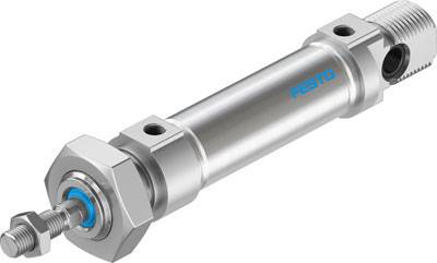 Pneumatischer Zylinder von Festo, silbern mit zwei Befestigungspunkten, dient zur Erzeugung linearer Bewegungen in Maschinen.