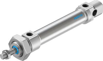Silberner pneumatischer Zylinder mit Anschlüssen an beiden Enden, geeignet für industrielle Anwendungen.