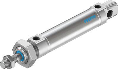 Abgebildet ist ein pneumatischer Zylinder mit einem silbernen Gehäuse und zwei Anschlussgewinden an den Enden.
