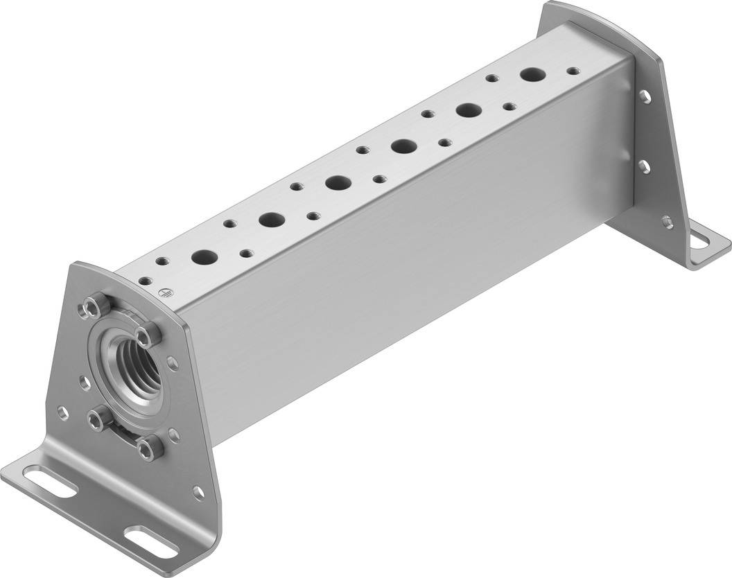 Metallhalterung mit Bohrlöchern und Befestigungsplatten an beiden Enden. Verwendet zur stabilen Montage in mechanischen Systemen.