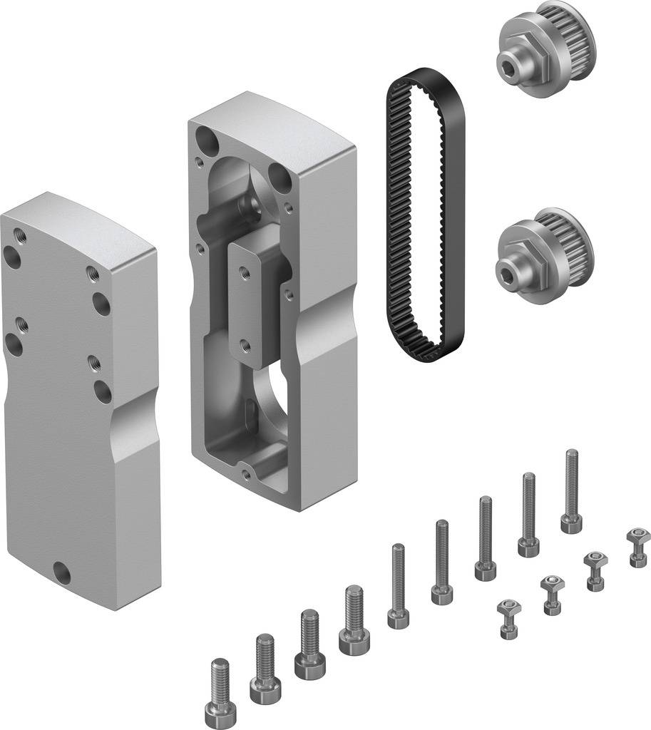 Metallteile: Zwei rechteckige Halterungen, Zahnriemen, Zahnräder und Schrauben. Vermutlich Bausatz für Maschinenbau.