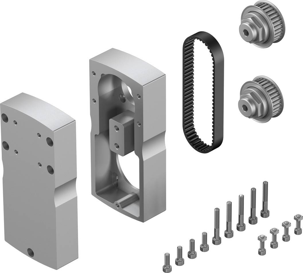 Ein mechanischer Bausatz mit zwei Metallgehäusen, einem Zahnriemen, zwei Zahnrädern und mehreren Schrauben in verschiedenen Größen.