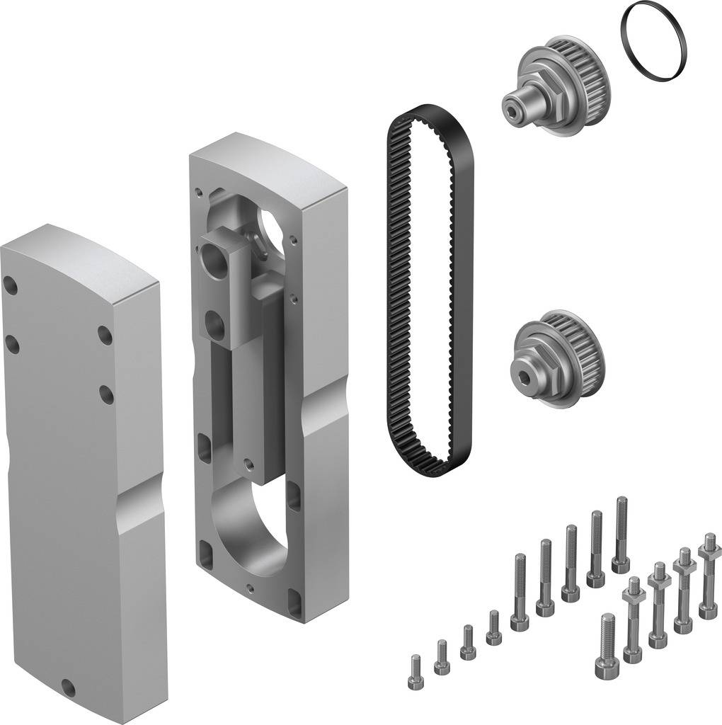 Abbildung zeigt zerlegte Maschinenkomponenten: zwei Metallplatten, Zahnriemen, Zahnräder und Schrauben. Dient zur Montageanleitung.