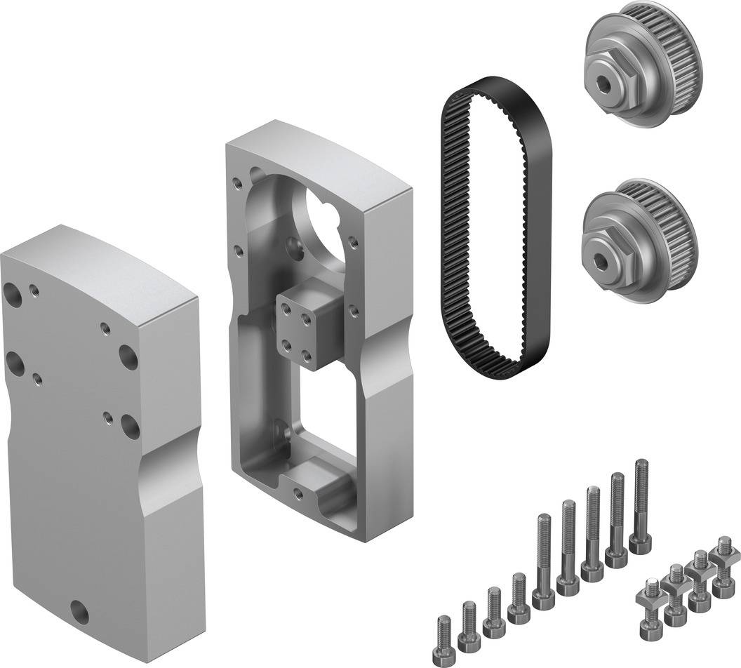 Bauteile eines Maschinenmoduls: zwei Metallblöcke mit Aussparungen, ein Zahnriemen, zwei Zahnräder, Schrauben und Muttern.