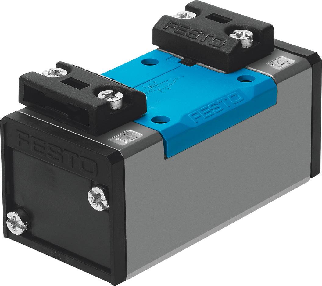 Festo Pneumatikventil, rechteckig, schwarz-blaues Design, mit vier Schrauben befestigt, auf grauem Hintergrund.