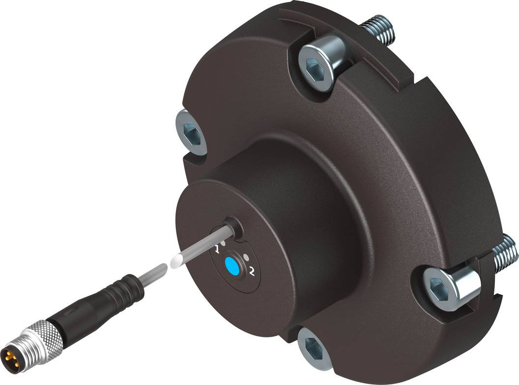 Ein schwarzer Sensor mit Kabelverbindung und vier Schraublöchern; er wird zur Messung oder Überwachung in technischen Anlagen verwendet.