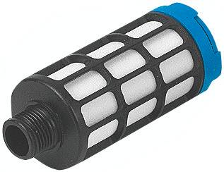 Zylindrischer Wasserfilter mit schwarzem Netzgehäuse und blauem Verschluss, geeignet für den Anschluss an eine Wasserleitung.