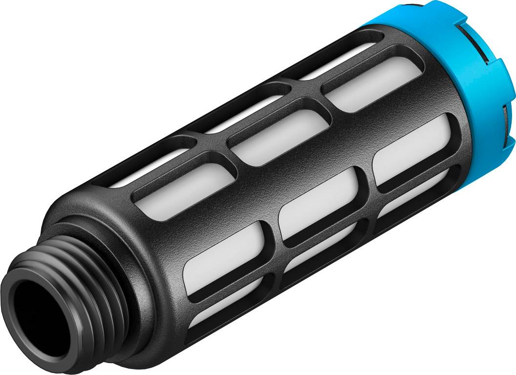 Ein schwarzer Zylinderfilter mit einem blauen Ende und weißen Einsätzen. Geeignet für den Einsatz in technischen Geräten oder Systemen.