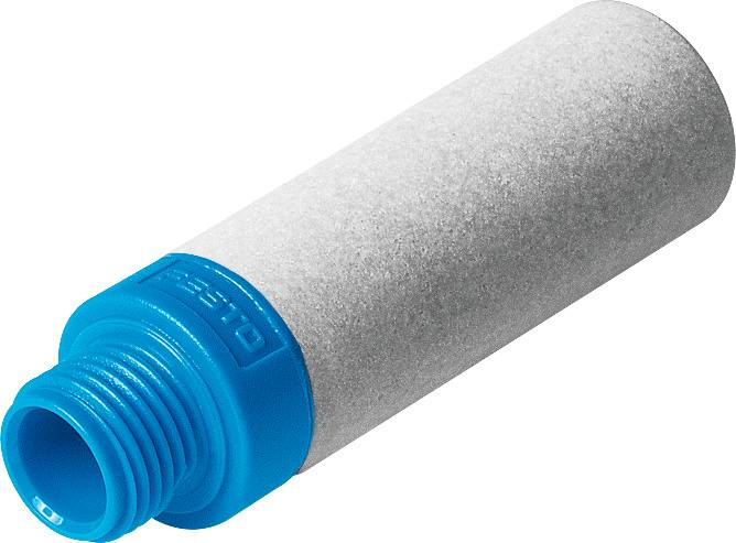 Zylinderförmiger Sinterfilter mit blauem Anschluss. Verwendet zur Luftfiltration in pneumatischen Systemen.
