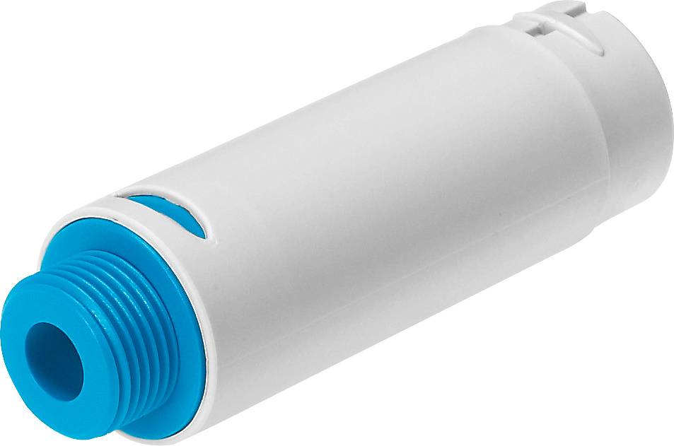Weiße Filterkartusche mit blauem Gewinde für Wasserfilter, schräg von oben fotografiert.