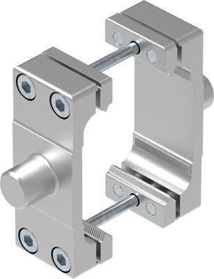Metallbefestigungssystem mit zwei Klammern, verbunden durch Bolzen. Dient zum sicheren Halten von Komponenten oder Strukturen.