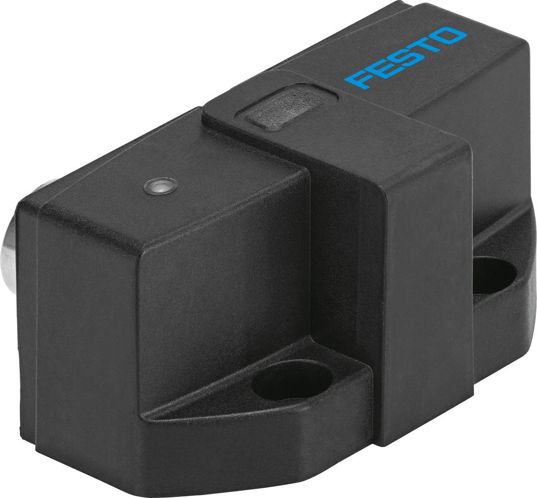 Schwarzer Festo-Sensor für maschinelle Anwendungen, rechteckige Form mit blauer Aufschrift 'FESTO' oben rechts.