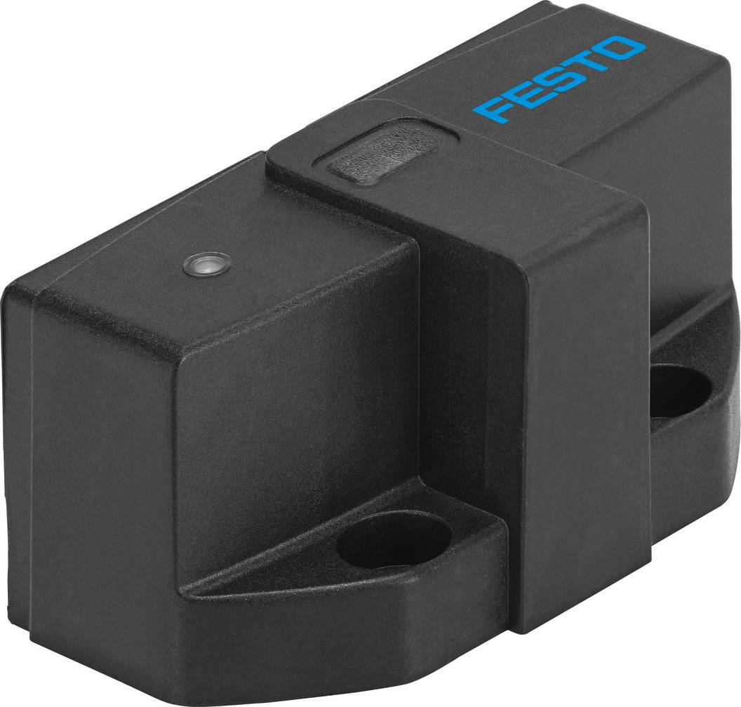 Schwarzer Sensor von Festo mit rechteckiger Form, zwei Befestigungslöchern und einem blauen Logo oben.