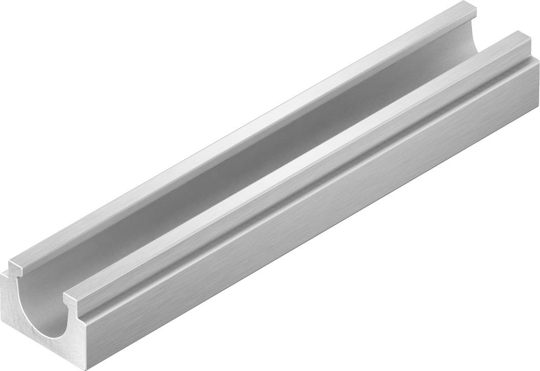 Ein längliches, halbkreisförmiges Aluminiumprofil mit offener Rille. Es könnte als Führungsschiene oder Halterung verwendet werden.