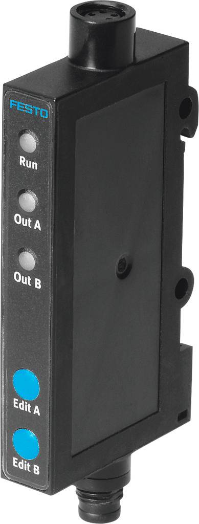 Schwarzes elektronisches Bauteil mit mehreren runden Knöpfen und Aufschriften 'Run', 'Out A', 'Out B'. Oben und unten sind Anschlüsse.