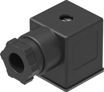 Ein schwarzes, würfelförmiges Gerät mit einem zylindrischen Anschluss auf der linken Seite.