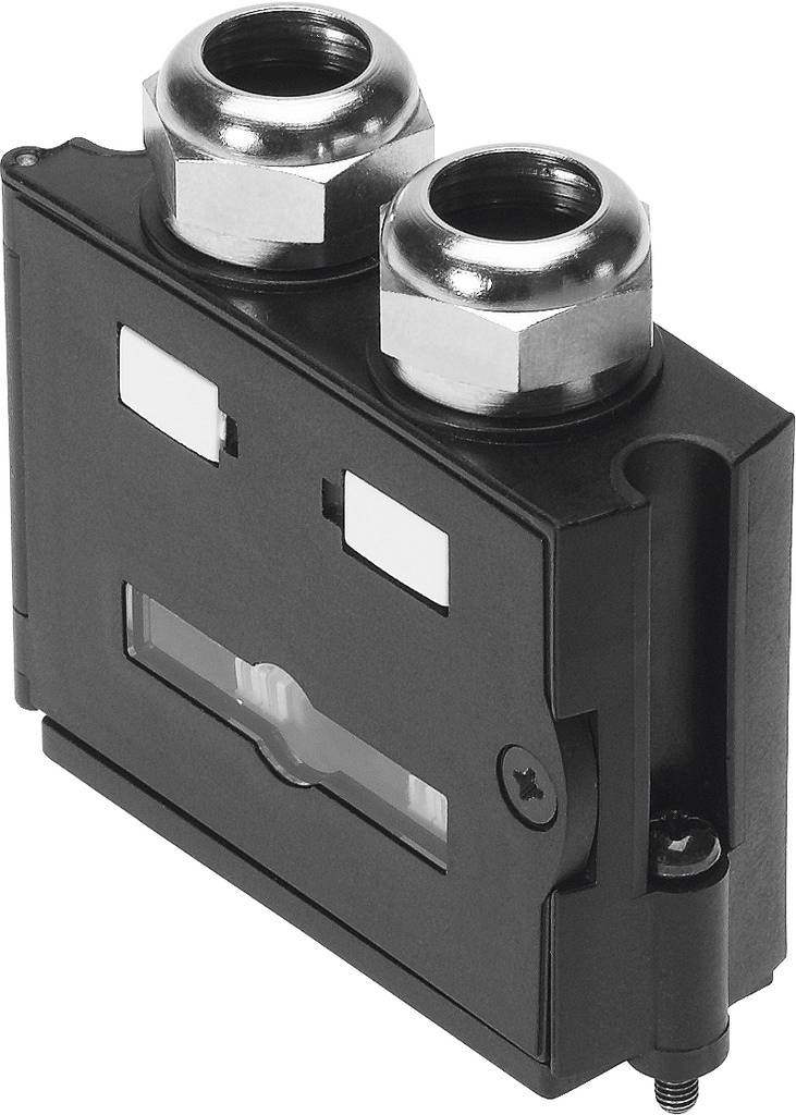 Ein schwarzer Adapter mit zwei metallischen Anschlussbuchsen oben. Er hat eine transparente Anzeige in der Mitte und ist zur Montage vorgesehen.