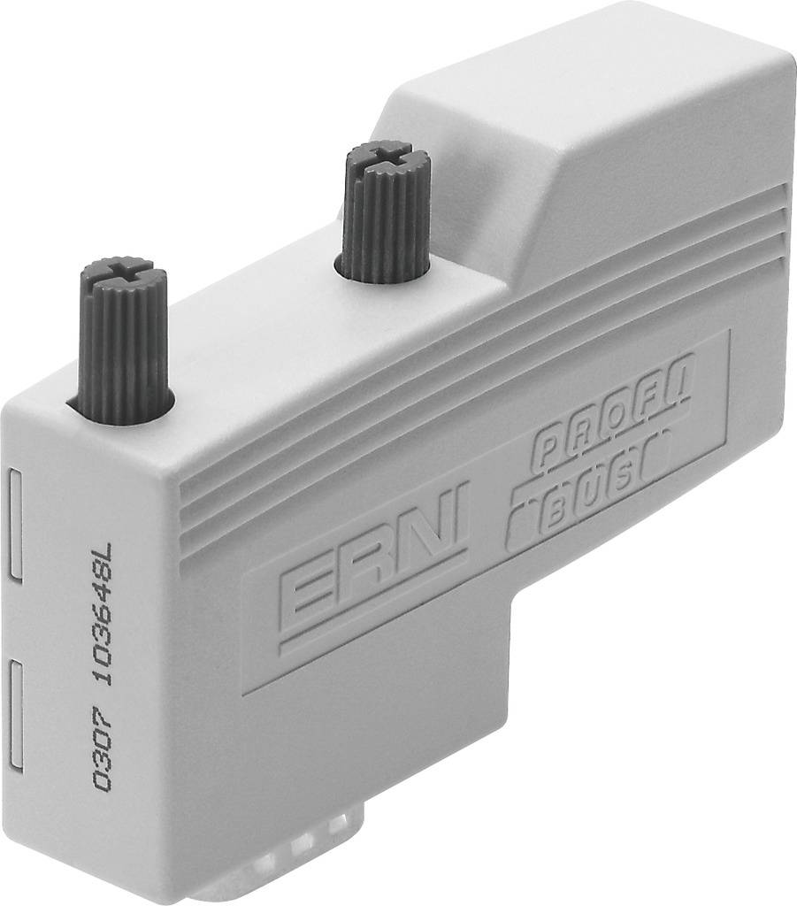 Graues Industriestecker-Modul mit Aufschrift 'ERNI PROFIBUS', zwei schwarzen Drehknöpfen oben und rechteckiger Form.