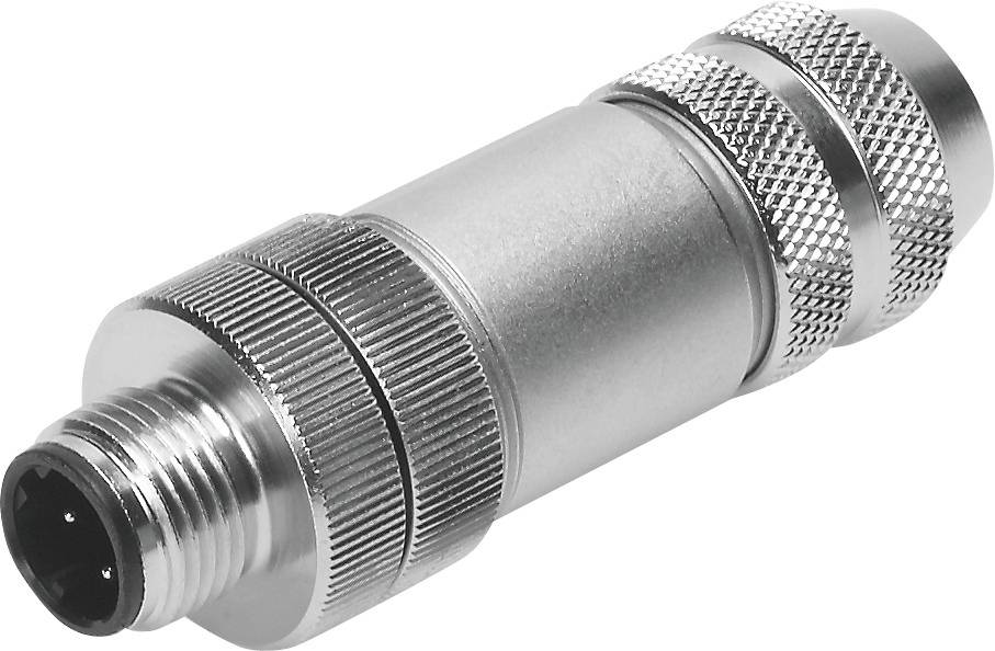 Ein silberner, metallischer Rundstecker mit mehreren Gewinden und einem mehrpoligen Anschluss, geeignet für industrielle Anwendungen.