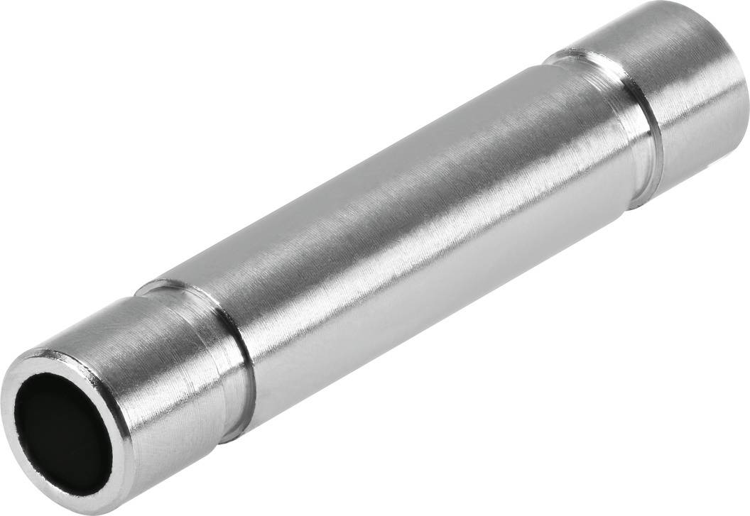 Ein zylindrisches Metallrohr mit glatter Oberfläche. Es scheint industriell gefertigt und könnte Teil eines größeren Mechanismus sein.