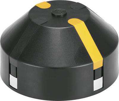 Ein schwarzes, konisches Kunststoffteil mit drei gelben Streifen und metallischen Elementen an der Basis, möglicherweise ein technisches Gerät.