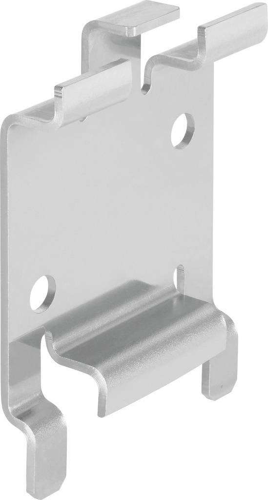 Metallhalterung mit vier Befestigungslöchern und Haken, geeignet zum Anbringen an Geräte oder Wände, silberfarben.