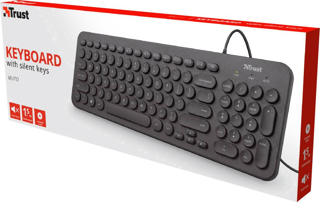 Trust Muto Silent USB Tastatur Deutsch, QWERTZ, Windows® Schwarz Spritzwassergeschützt