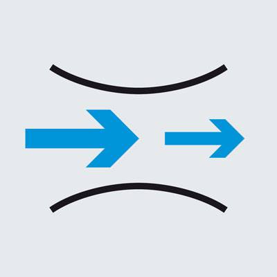 Zwei blaue Pfeile, die nach rechts zeigen, umgeben von zwei gebogenen schwarzen Linien, die Flexibilität oder Anpassung symbolisieren.
