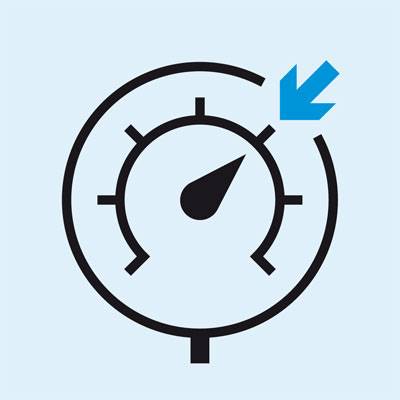 Ein schwarzes Tachometer-Symbol mit einem blauen Pfeil, der nach oben zeigt.