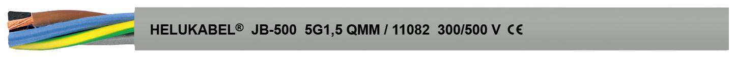 Ein grau ummanteltes, mehradriges Kabel mit der Aufschrift 'HELU KABEL JZ-600 5G1,5 QMM 111082 300/500 V CE', bunte Adern sichtbar.