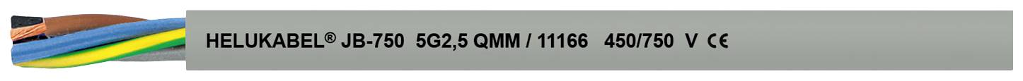 Elektrisches Kabel mit der Aufschrift 'HELUKABEL JB-750 5G2,5 QMM 1V1005 450/750 V'. Mehrfarbige Drähte sind sichtbar.