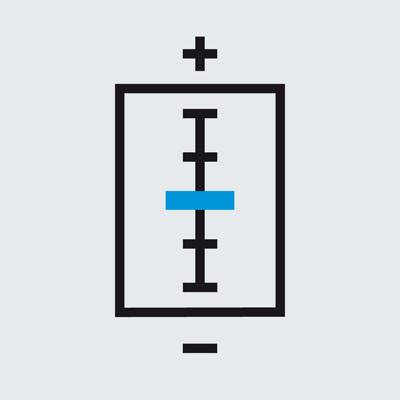 Symbol eines Kondensators mit einem blauen Balken in der Mitte, Pluszeichen oben, Minuszeichen unten.